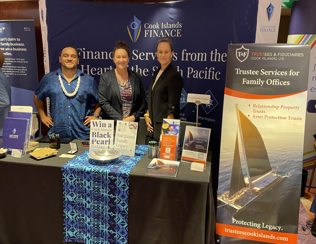 Cook Islands Finance CEO Tony Fe’ao (Left) was joined at STEP Asia 2023 by Nadine Newnham and Noovai Aspris of Trustees and Fiduciaries Cook Islands.